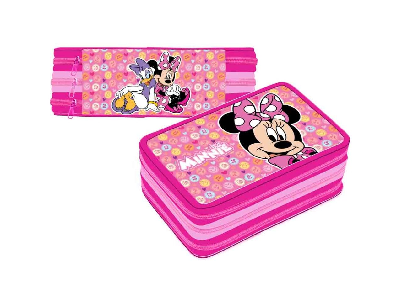 Astuccio scuola Minnie tre scomparti per bambina fucsia e rosa in tessuto sintetico 19,5x12,5x6 cm - Dimagraf