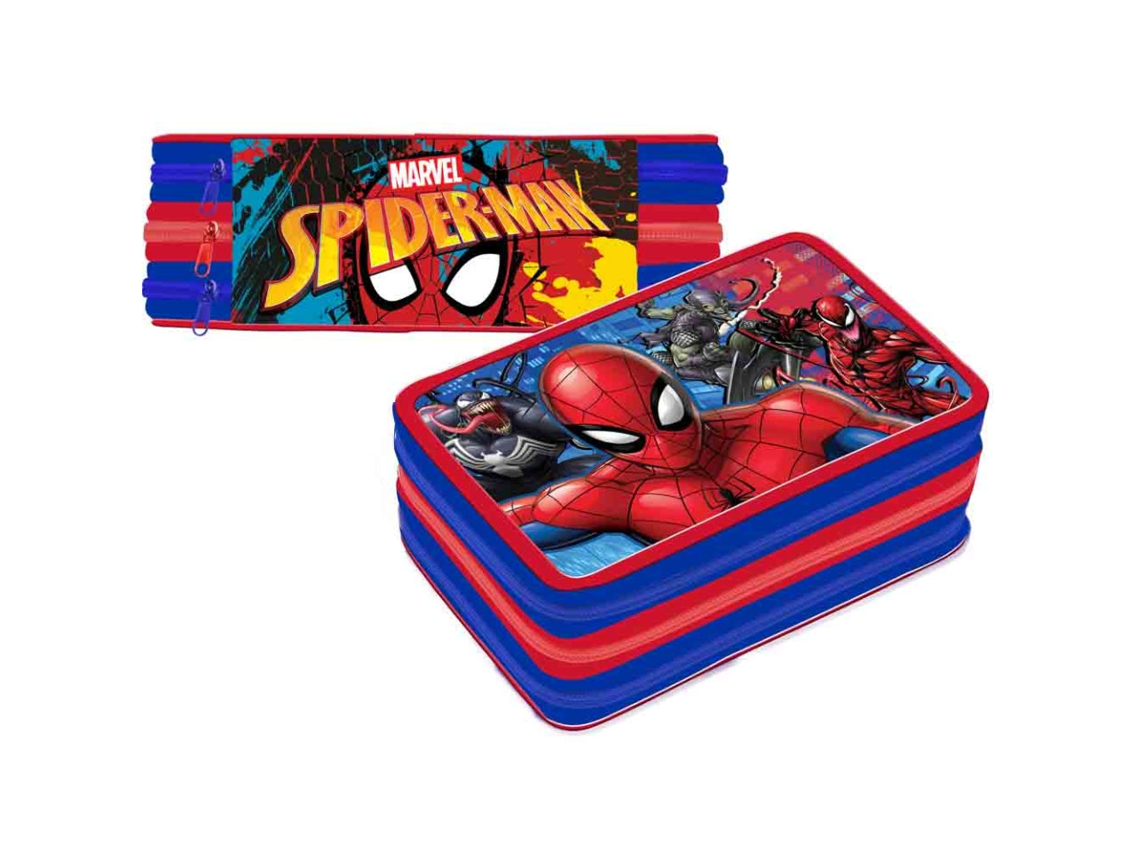 Astuccio scuola Spiderman tre scomparti per bambine blu e rosso in tessuto sintetico 19,5x12,5x6 cm - Dimagraf