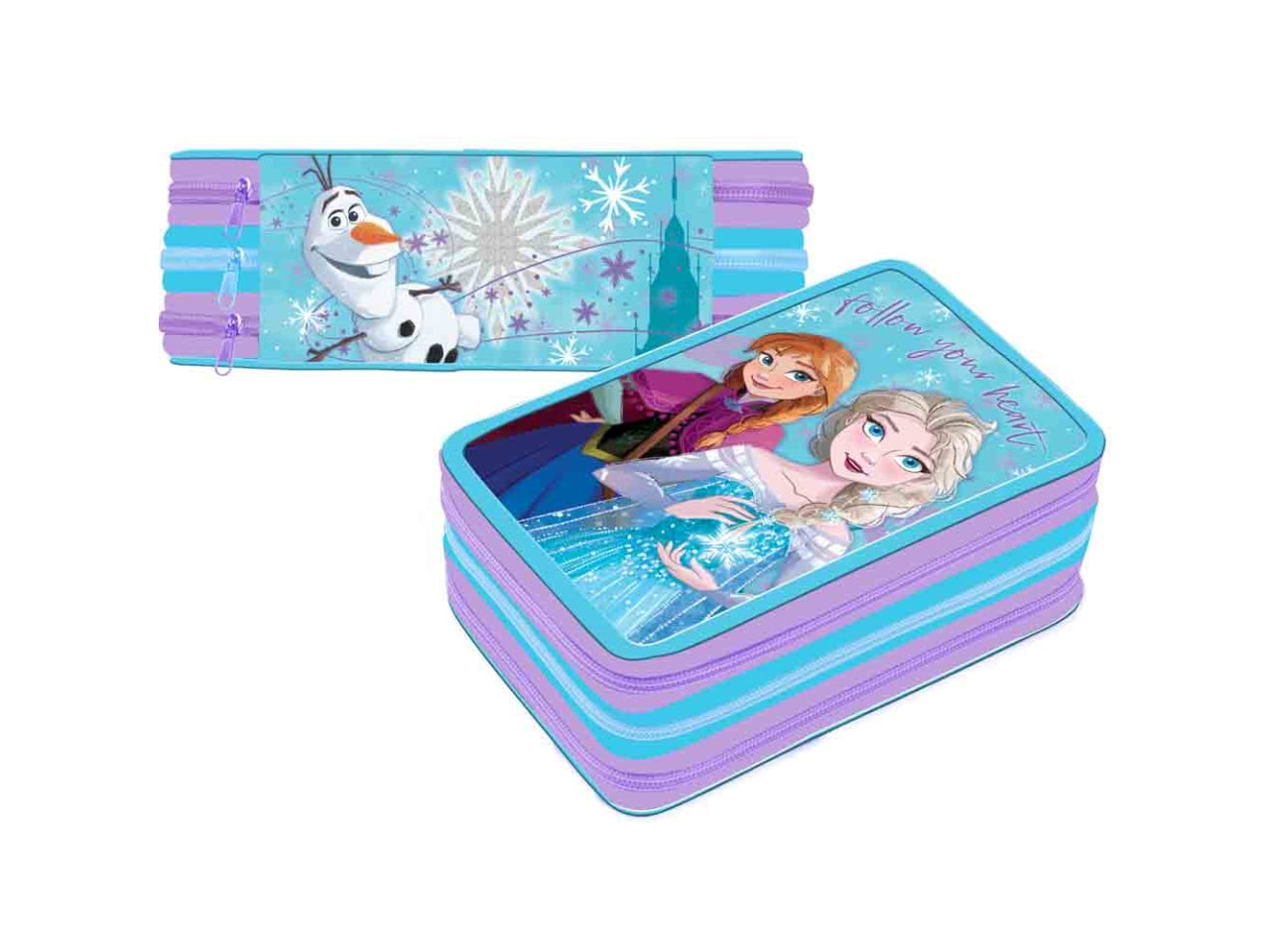 Astuccio scuola Frozen tre scomparti per bambina lilla e celeste in tessuto sintetico 19,5x12,5x6 cm - Dimagraf