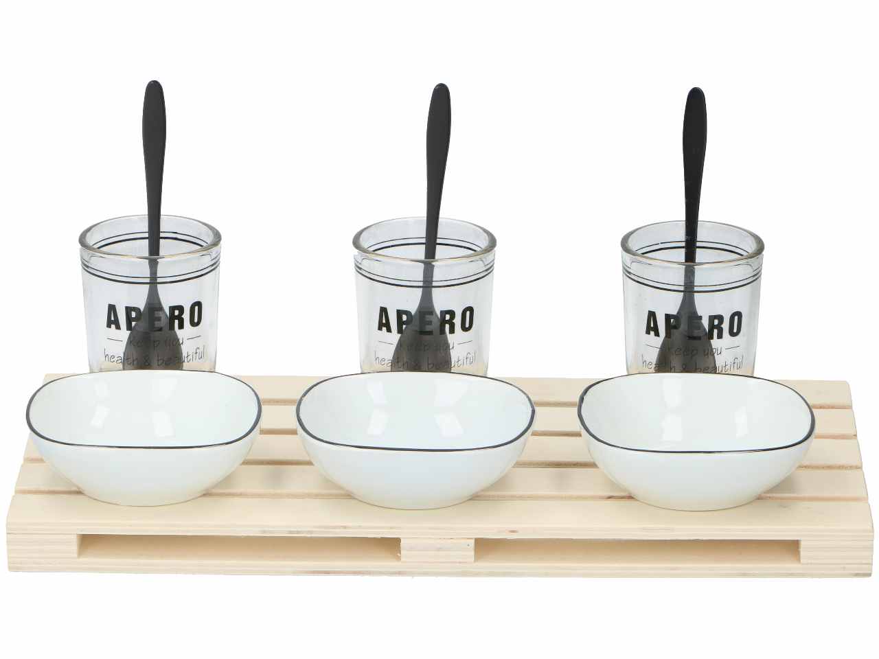 Alpina tagliere da aperitivo in legno da 30x15x2cm con 3 piattini in ceramica, 3 coppette in vetro e 3 cucchiaini