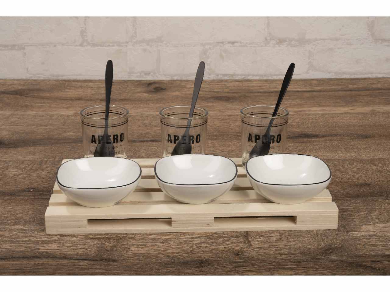 Alpina tagliere da aperitivo in legno da 30x15x2cm con 3 piattini in ceramica, 3 coppette in vetro e 3 cucchiaini