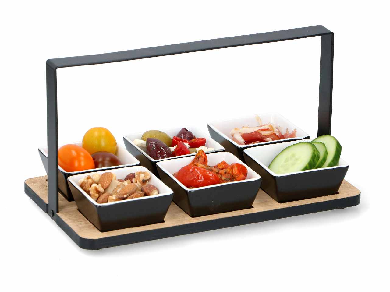 Alpina aperitivo 6 piattini in ceramica con vassoio in bamboo 14x24x14cm