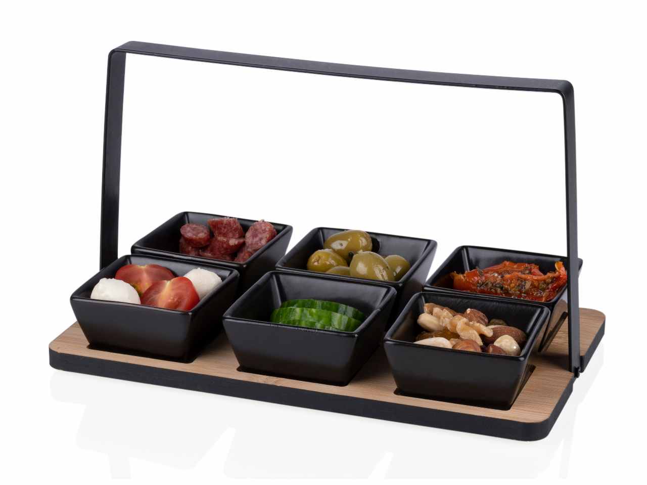 Alpina aperitivo 6 piattini in ceramica con vassoio in bamboo 14x24x14cm