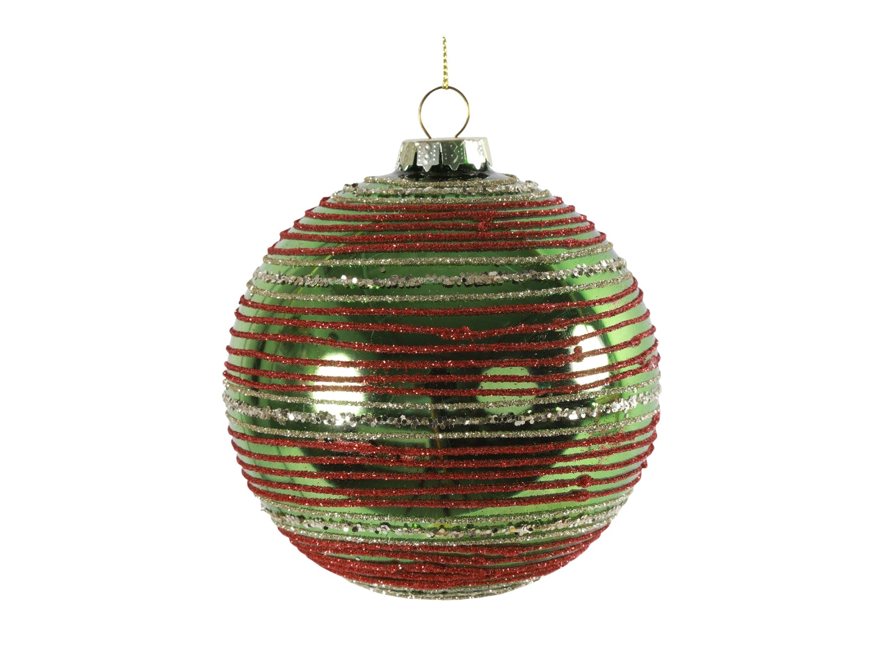 Palla di natale in vetro lucida verde e rossa con striature orizzontali glitter Ø12 cm - Countryfield