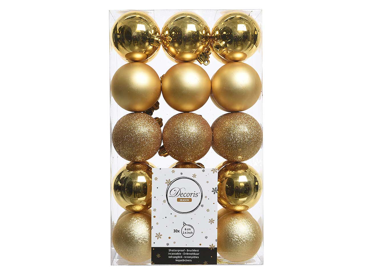 Palle di natale infrangibili finitura licida, opaca, glitterata e crespa colore oro lucido misura d.6cm - la confezione comprende 30 palle, 12 lucide, 6 opache, 6 glitterate e 6 crespe