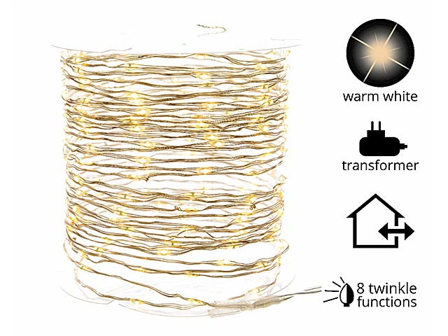 Luci natalizie micro catena led con 8 funzioni effetto scintillio colore argento bianco caldo misura lun.1195cm misura del led micro numero di led 240