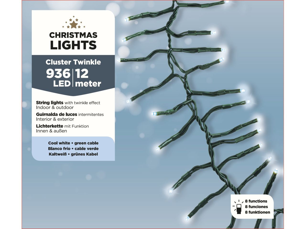 Luci natalizie led a grappolo con 8 funzioni effetto scintillio ad uso esterno colore verde bianco freddo misura lun.1200cm misura del led 3mm numero di led 936
