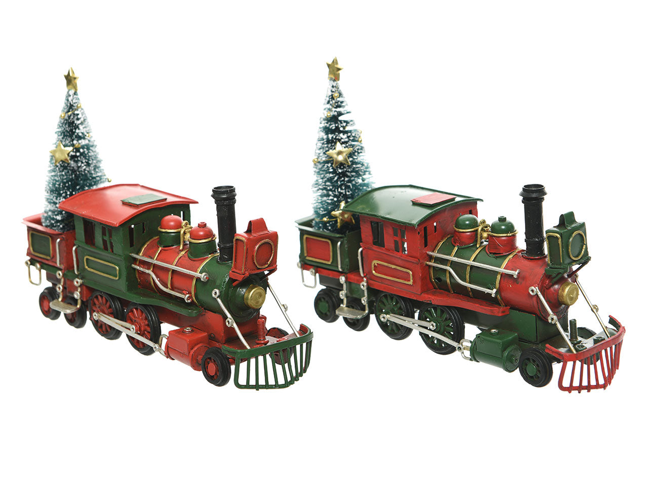 Modellino di treno in ferro con albero di natale in 2 colori assortiti colore assortiti misura lun.20cm x lar.7cm x alt.13cm