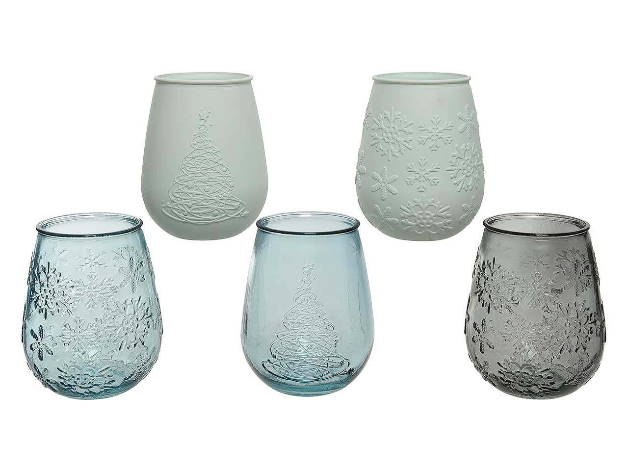 Portacandela in vetro d.11x13cm riciclato opaco con decorazione fiocco di neve in 5 assortimenti