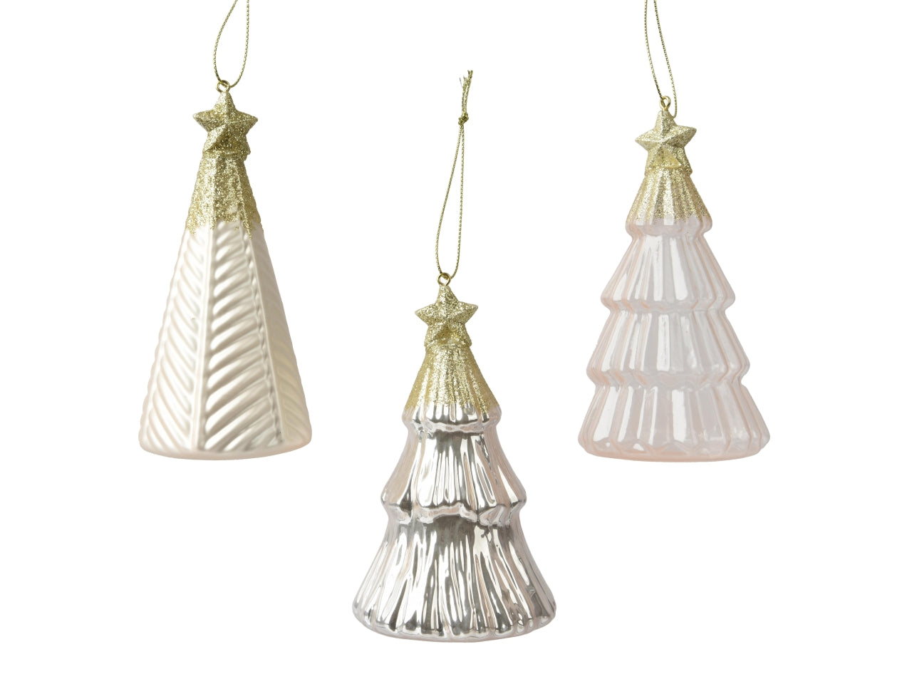 Pendente albero di vetro 12,6cm con stella in cima, glitterato oro, beige in 3 assortimenti