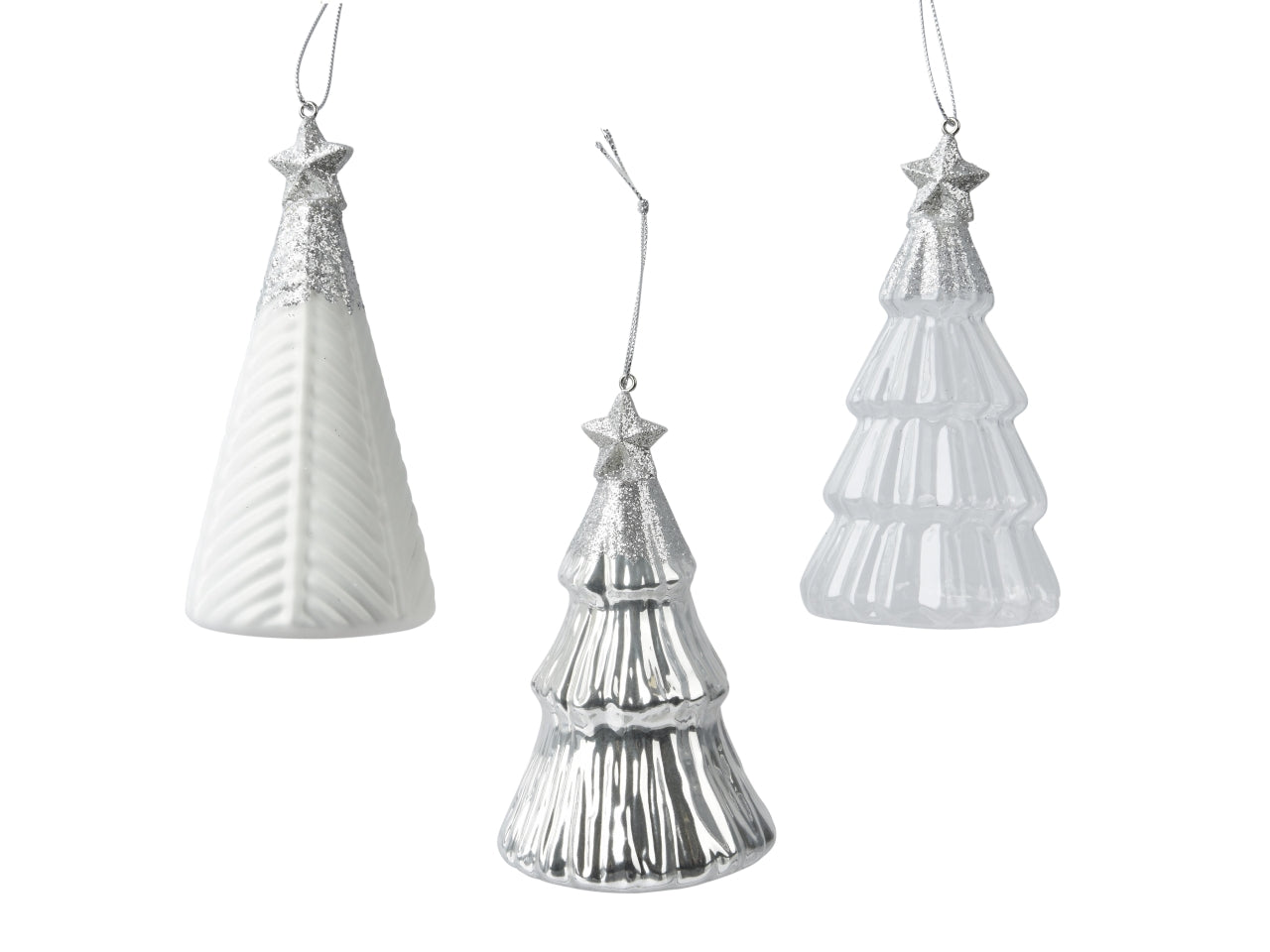 Pendente albero di vetro 12,6cm con stella in cima, glitterato bianco, in 3 assortimenti