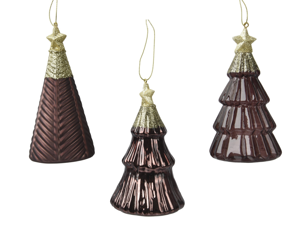 Pendente albero di vetro 12,6cm con stella in cima, glitterato oro, nero in 3 assortimenti