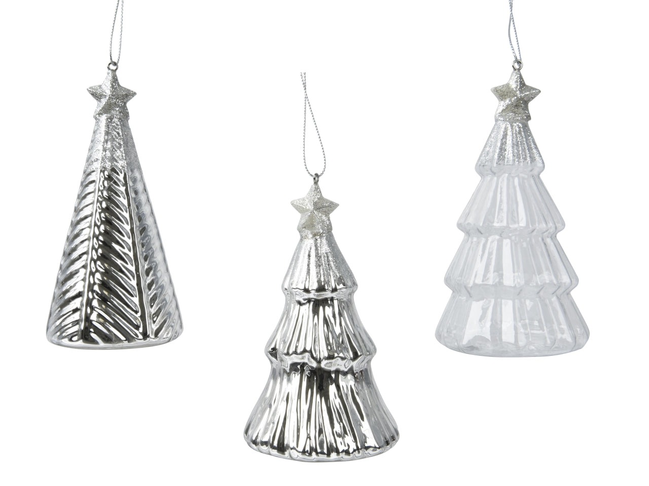 Pendente albero di vetro 12,6cm con stella in cima, glitterato, argento in 3 assortimenti