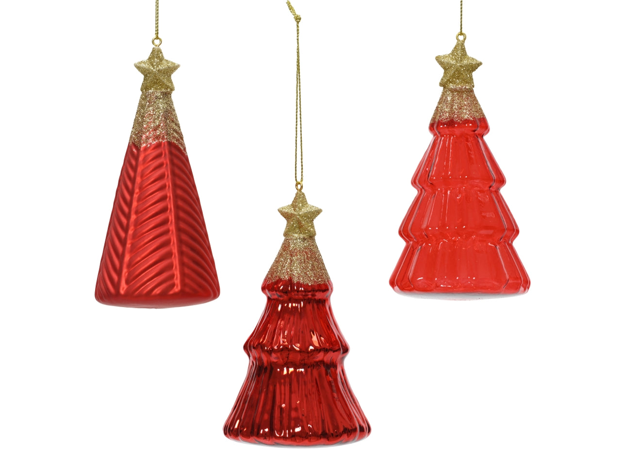 Pendente albero di vetro 12,6cm con stella in cima, glitterato oro, rosso in 3 assortimenti