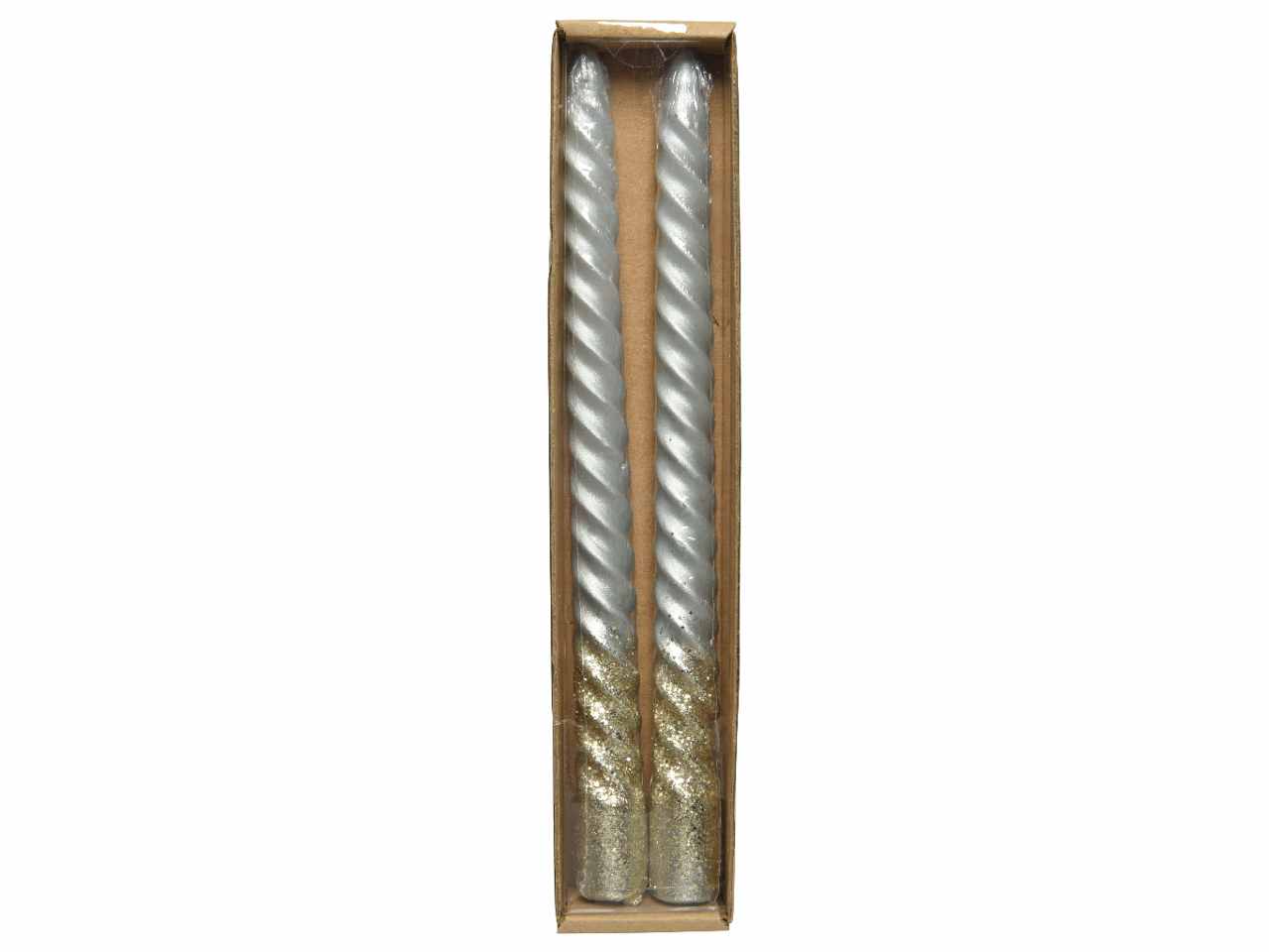 Candela torciglione 25cmxd.2,2cm argento effetto metallico con glitter