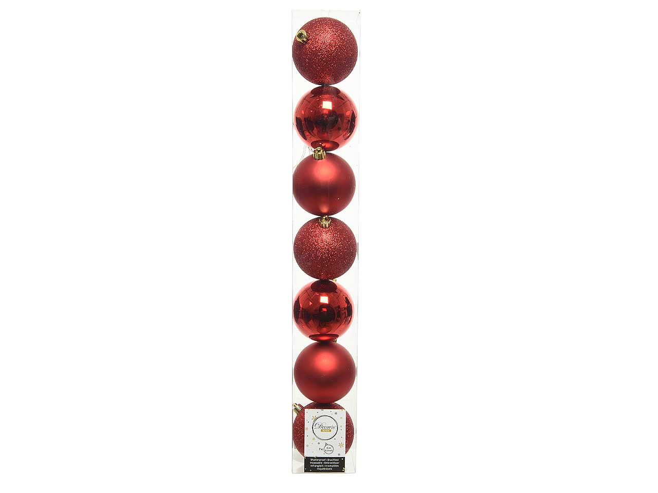 Palle di natale infrangibili finitura licida, opaca e glitterata colore rosso natalizio misura d.8cm - la confezione comprende 7 palle, 2 lucide, 2 opache e 3 glitterate