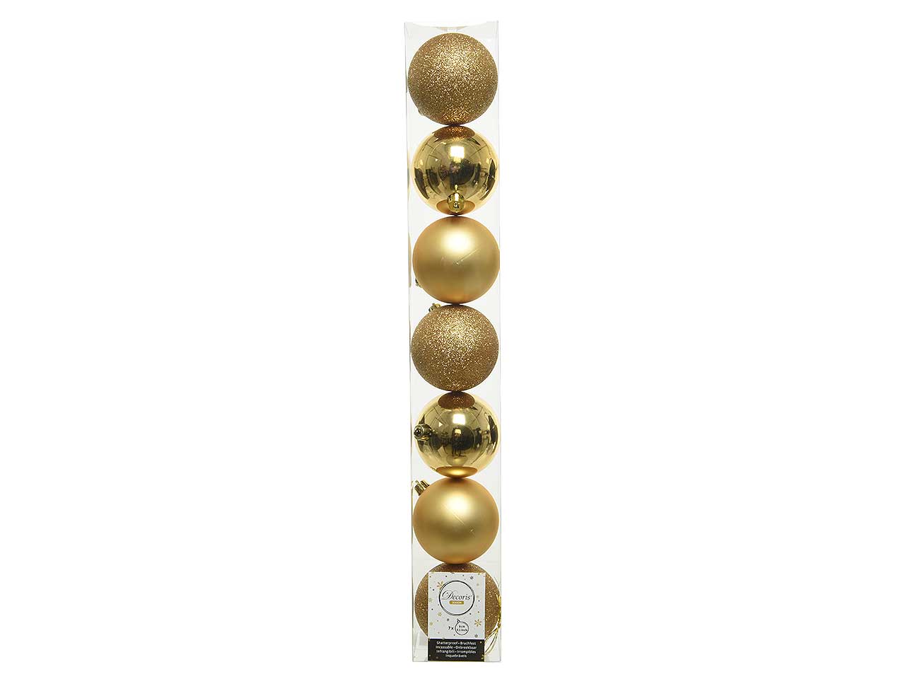 Palle di natale infrangibili finitura licida, opaca e glitterata colore oro chiaro misura d.8cm - la confezione comprende 7 palle, 2 lucide, 2 opache e 3 glitterate