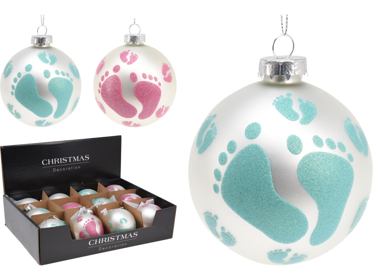 Palla di natale con decorazione piedi di bambini 80mm in 2 assortimenti