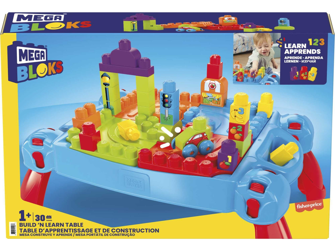 Mega Bloks- First Builders Tavolino Multi attività Blu e Rosso, 3 in 1 con 30 Blocchi da Costruzione, Giocattolo per Bambini 1+Anni - Mattel