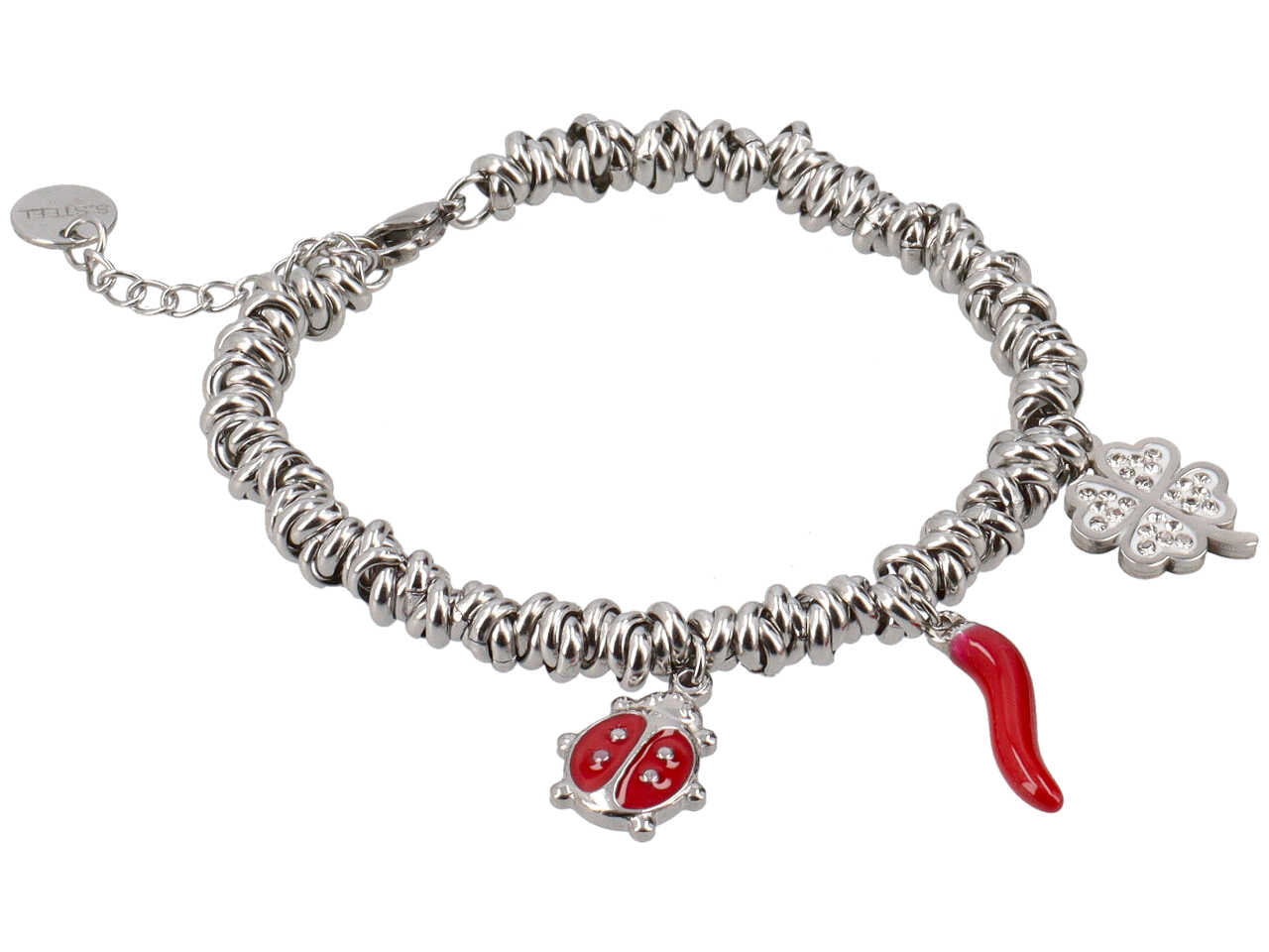 Bracciale a nodini con quadrifoglio, coccinella e corno