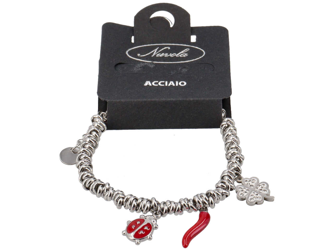 Bracciale a nodini con quadrifoglio, coccinella e corno