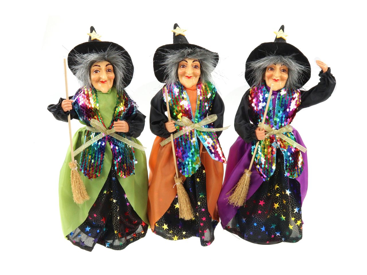 Befana in piedi viso gentile vestito stelle e paillettes misura 30cm in 3 assortimenti