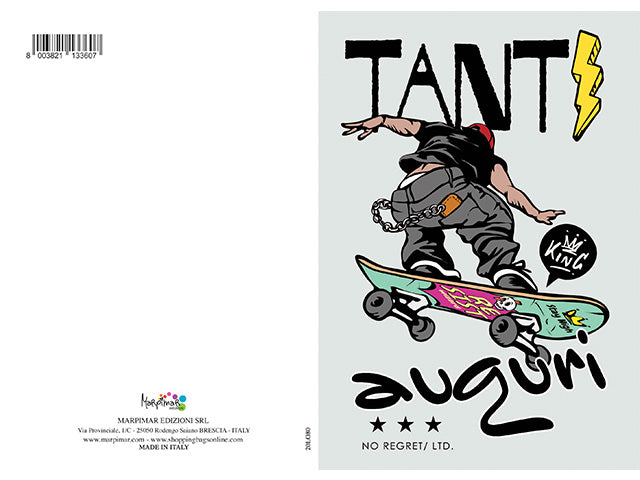 Biglietto di auguri di buon compleanno con disegno skater grigio 12x18 cm