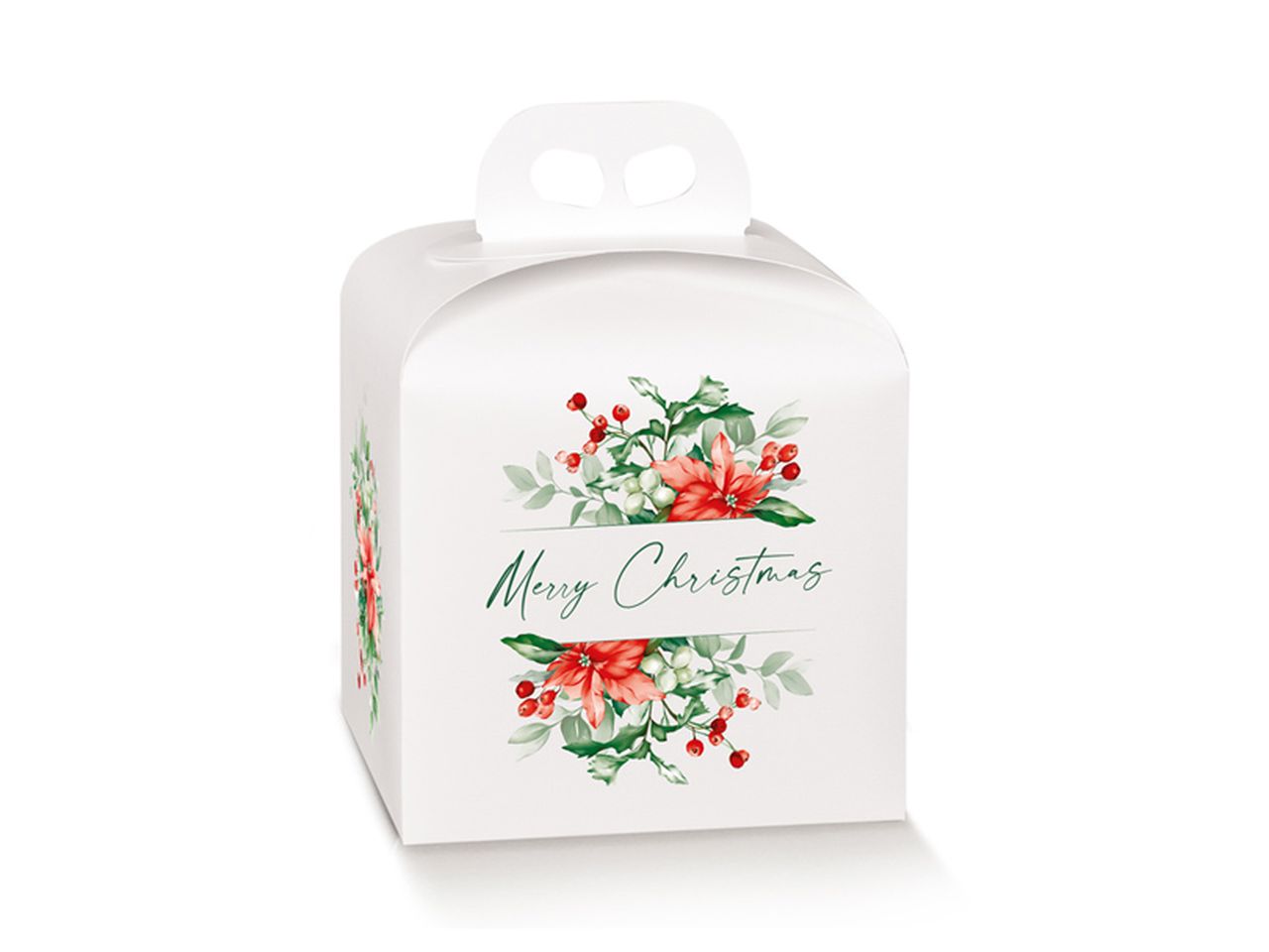 Portapanettone in cartone teso con maniglia e decorazione fiori natalizi misura 200x200x180mm