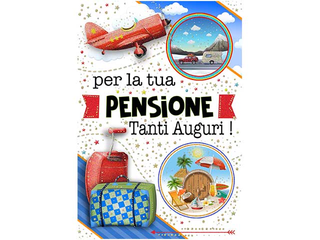 Biglietto pensione auguri a tema viaggi multicolor 12x18 cm