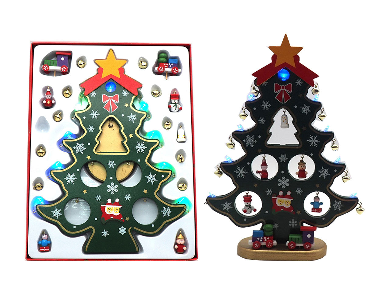 Albero di natale stilizzato in legno misura h.29,5cm con sonagli, addobbi e luci