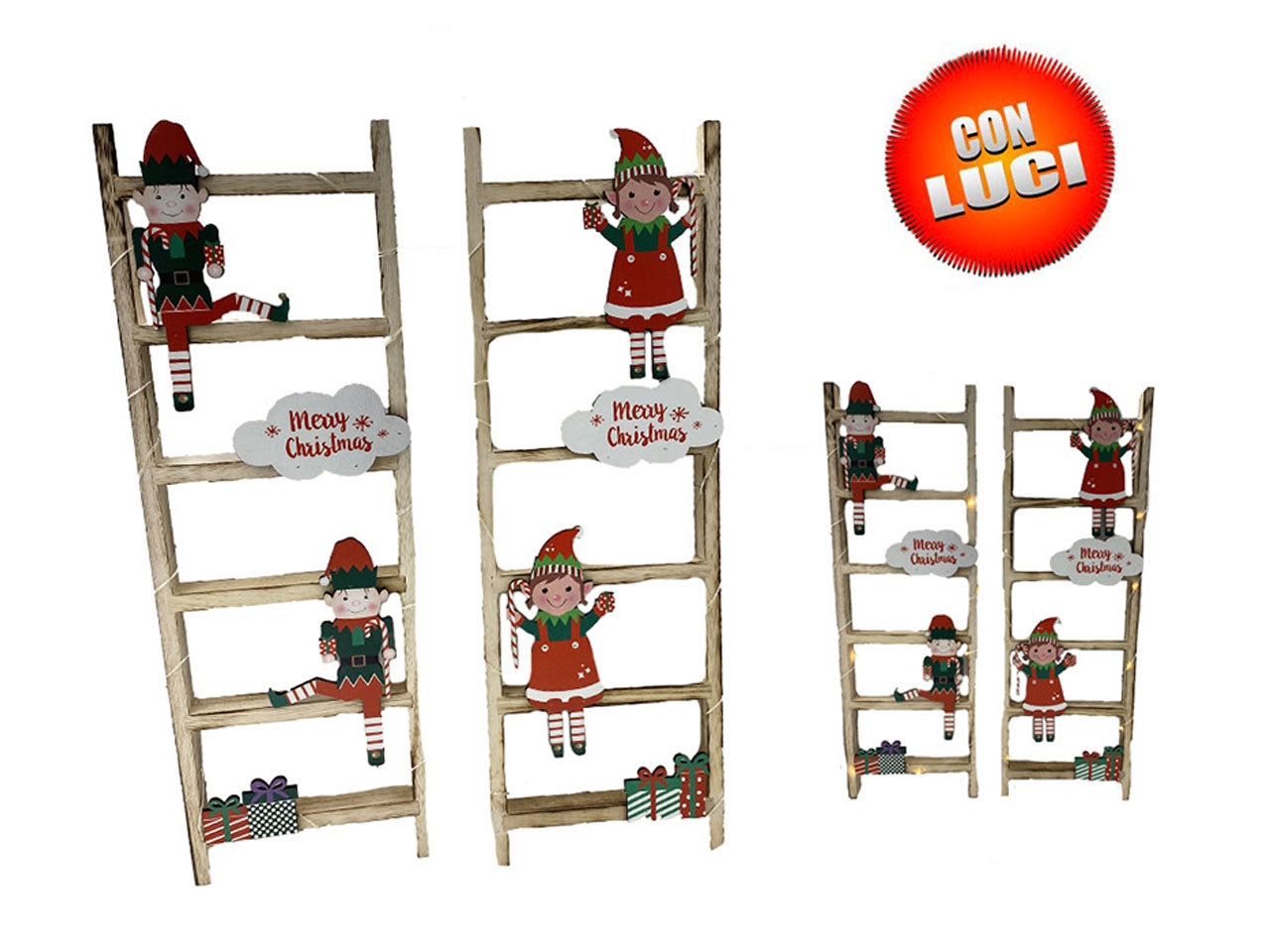Scala decorativa con elfi con luce misura 28x3x90cm in 2 assortimenti