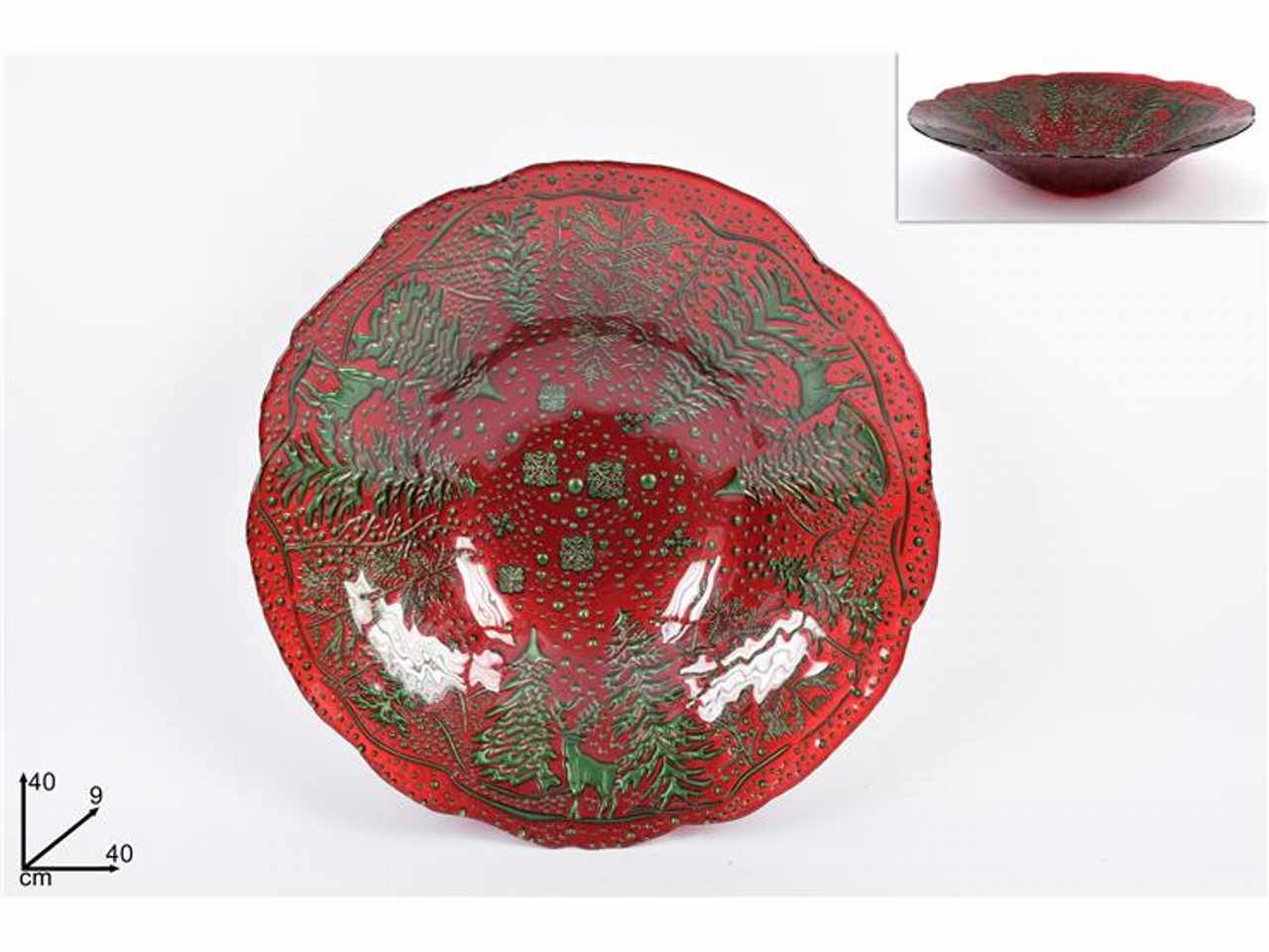 Centrotavola vetro natalizio 40cm rosso decoro verde