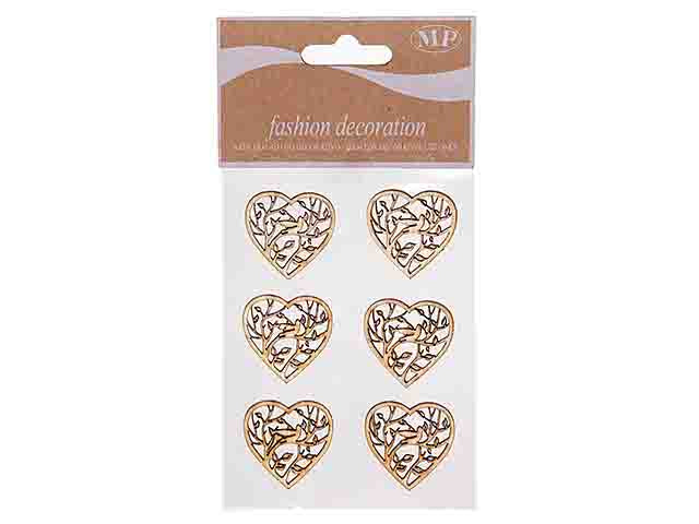 Cuore legno c/uccello 3cm 6 pezzi t099