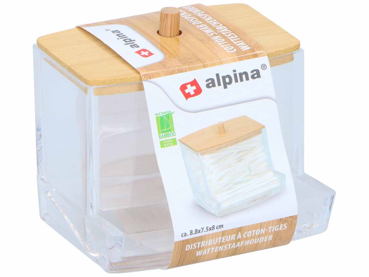 Alpina dispenser per cotton fioc in polistirene e bamboo 8,8x7,5x7cm