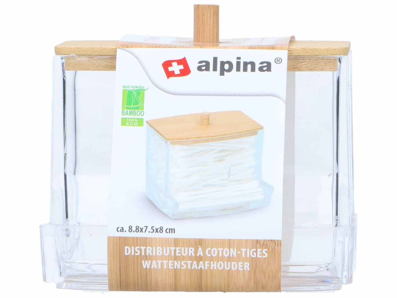 Alpina dispenser per cotton fioc in polistirene e bamboo 8,8x7,5x7cm