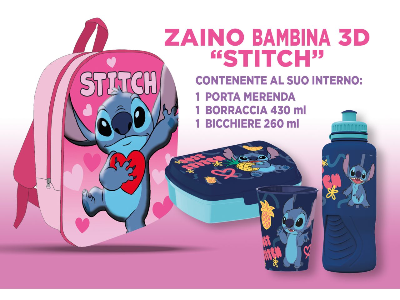 Stitch zainetto da bambina 3d 30cm con accessori