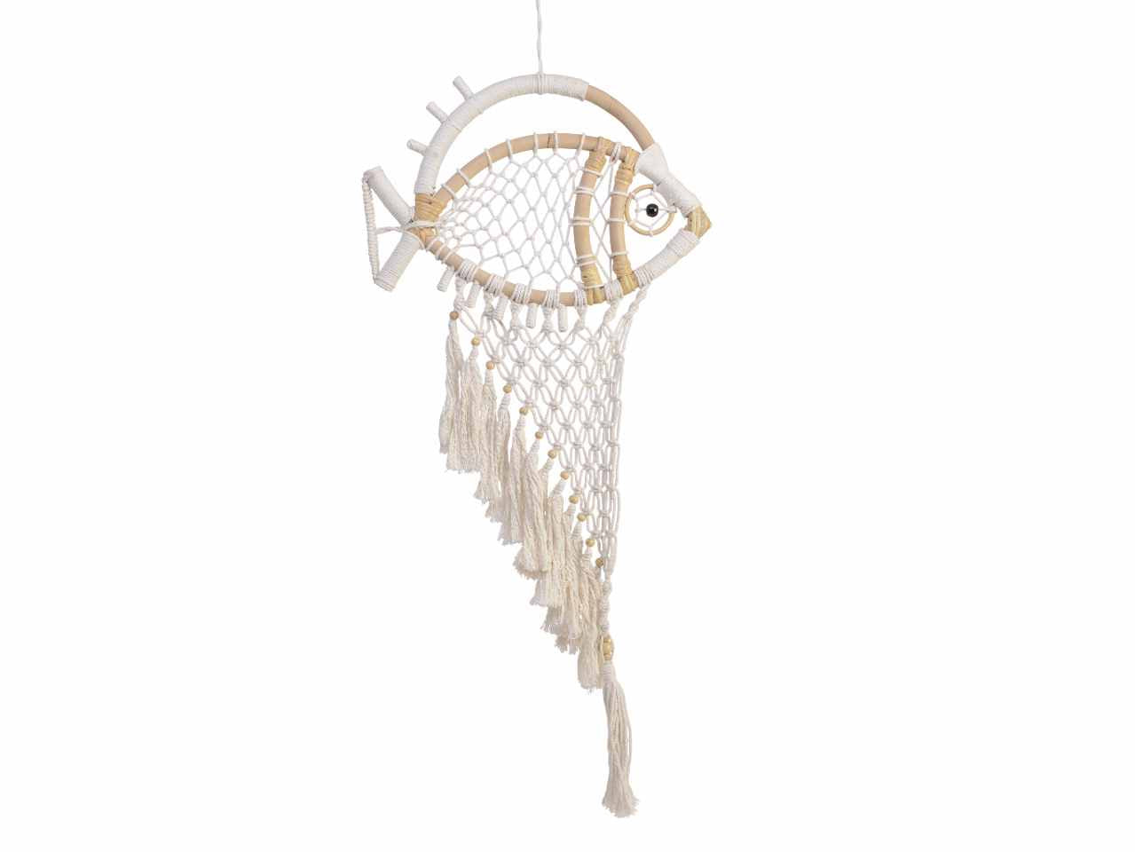 Pesce decorativo in rattan e cotone fatto a mano per interno ed esterno con gancio e corda in cotone per sospensione 3xh.82cm