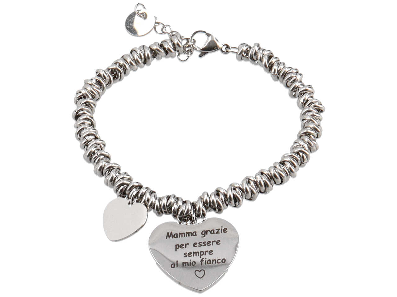 Bracciale in acciaio ad anelli con ciondolo cuore mamma grazie di essere sempre al mio fianco