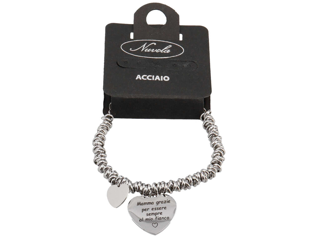 Bracciale in acciaio ad anelli con ciondolo cuore mamma grazie di essere sempre al mio fianco