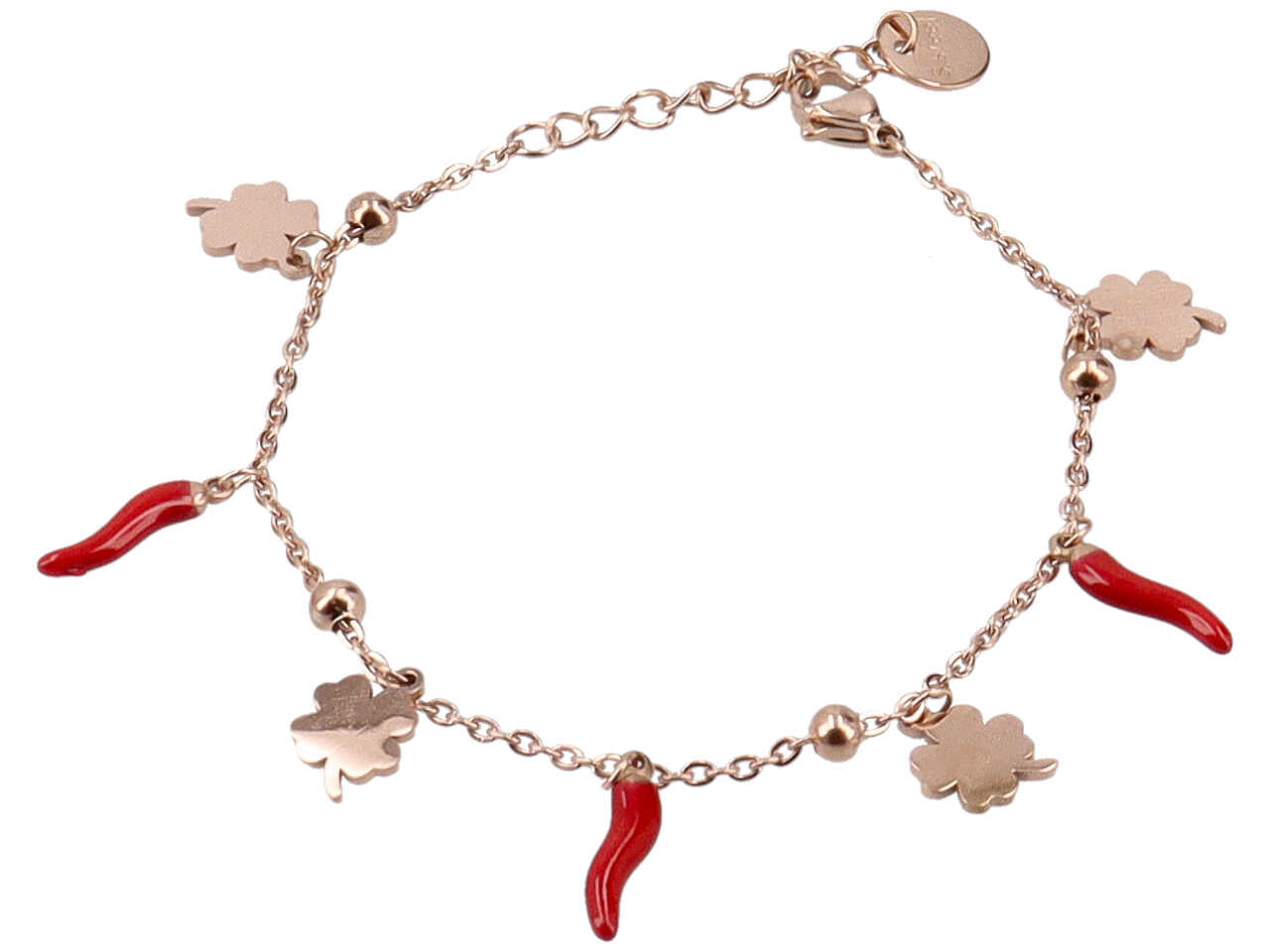 Bracciale oro rosa con 3 corni e 4 quadrifogli