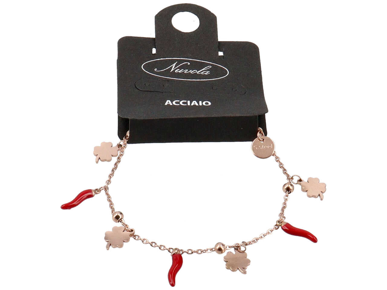 Bracciale oro rosa con 3 corni e 4 quadrifogli