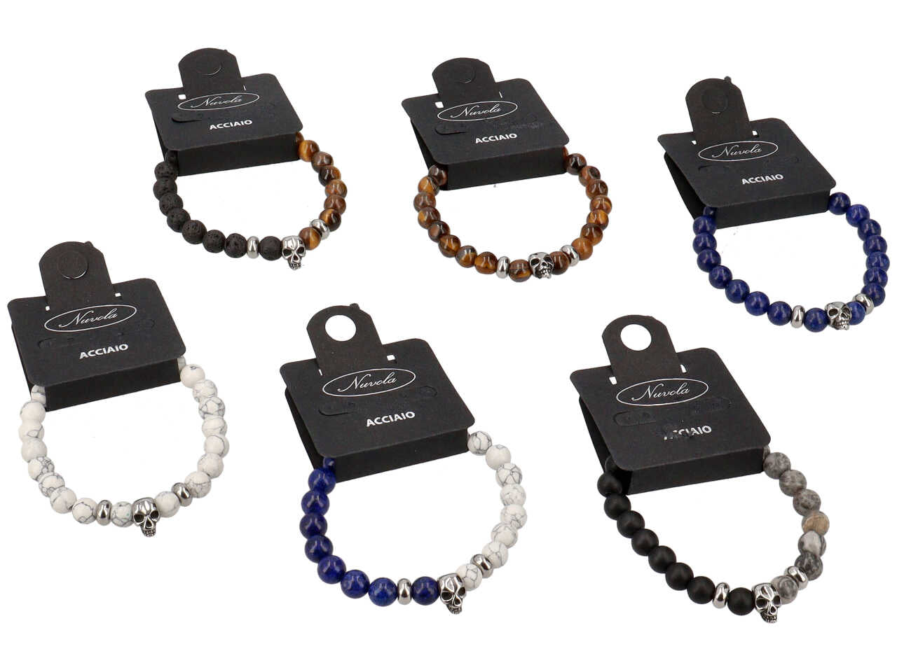 Bracciale elastico con sfere in vetro e teschio