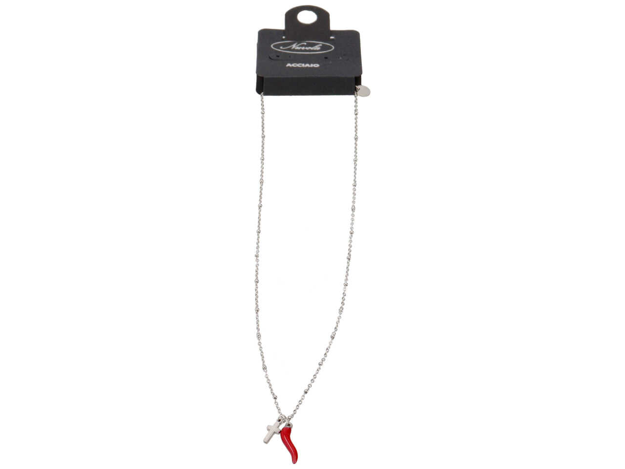 Collana in acciaio con cornetto e croce